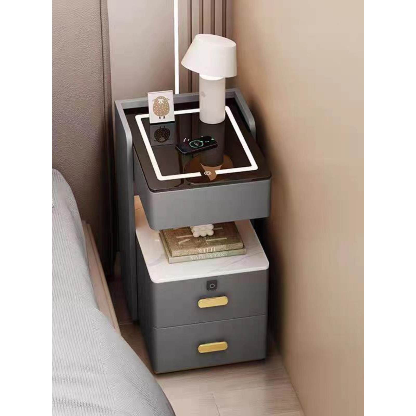 轻型豪华实木智能床头柜，简单，现代，多功能，免安装，家庭卧室