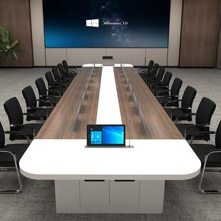 无纸化烤漆会议桌带升降屏会议系统大型智能中控实木科技感办公桌