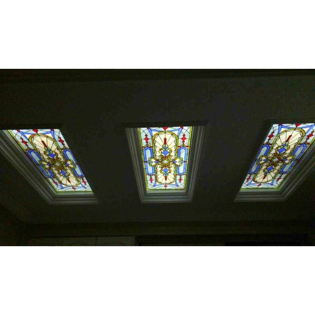 巴洛克Tiffany整片钢化蒂凡尼艺术玻璃玄关隔断屏风门芯地中海 蓝