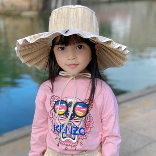 采悠 百褶草帽带可折叠防草编晒遮阳儿童草帽亲子帽子女童宝宝