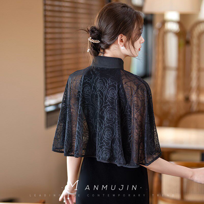 夏披肩配旗袍黑色蕾丝立领斗篷礼仪旗袍宴会敬酒礼服外搭薄款披风
