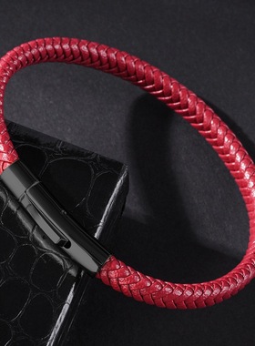 日韩时尚红色编织皮手链个性百搭黑色配饰手环男女本命年礼物刻字