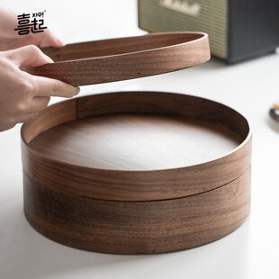 黑胡桃实木托盘圆形 茶几咖啡茶具水杯托盘糖果干果盘收纳盘夏克