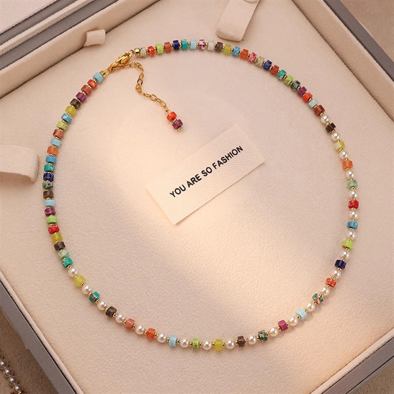 多巴胺彩虹珍珠项链颈链天然石彩色串珠项链小众设计感锁骨链配饰