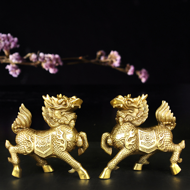 纯黄铜麒麟摆件大号一对鎭宅辟斜火麒麟招財送子中式家居客厅卧室