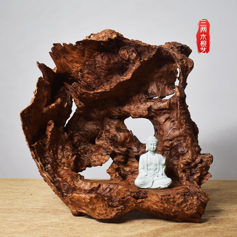 天然风化枯木根雕根艺新中式禅意摆件实木底座茶室V玄关客厅佛像