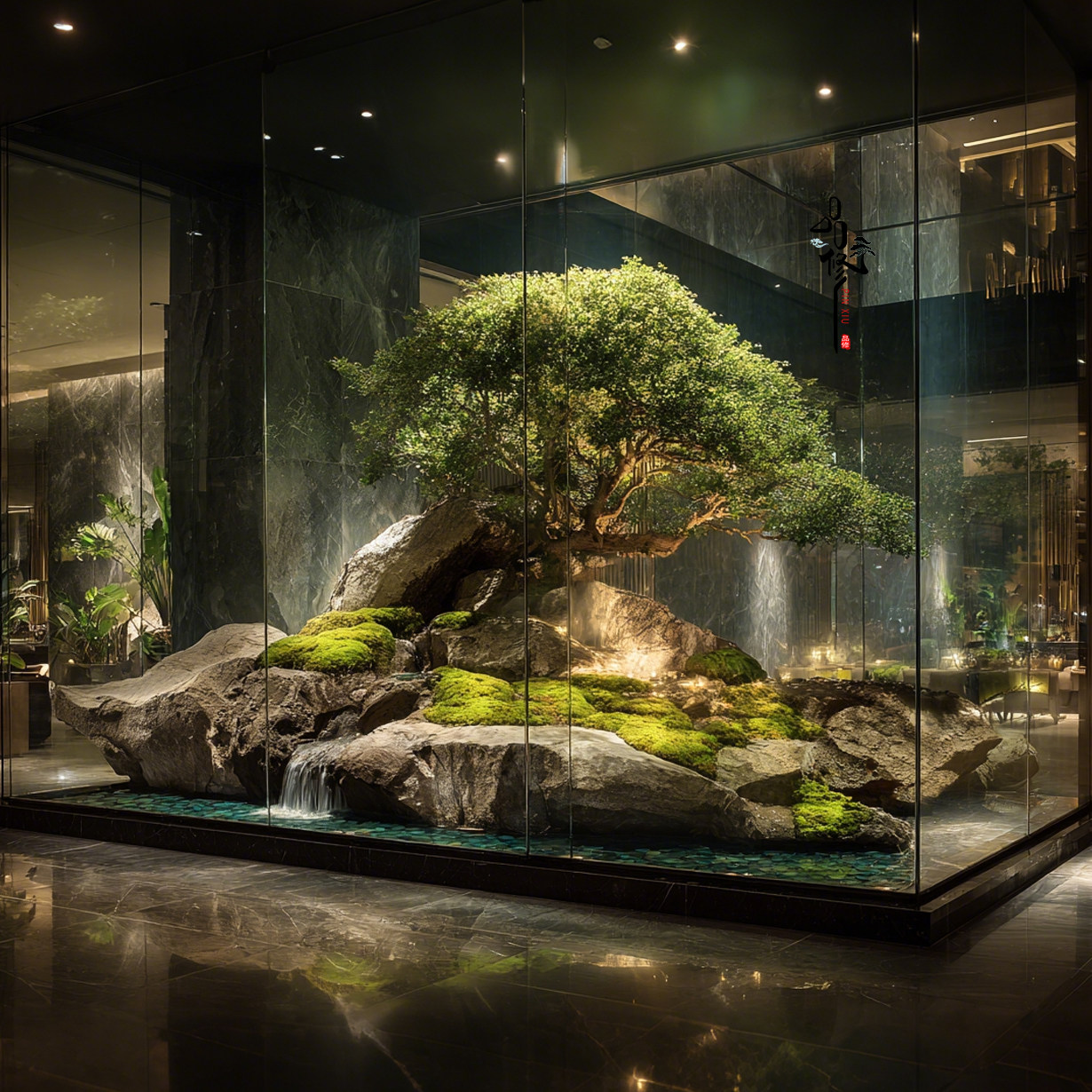 品修仿真山水景观装置玻璃展示柜内绿植造景现代酒店装饰摆件,商业/办公家具,景观道具/景观摆件/景观装置,淘宝优惠券,粉丝福利购,淘宝优惠卷