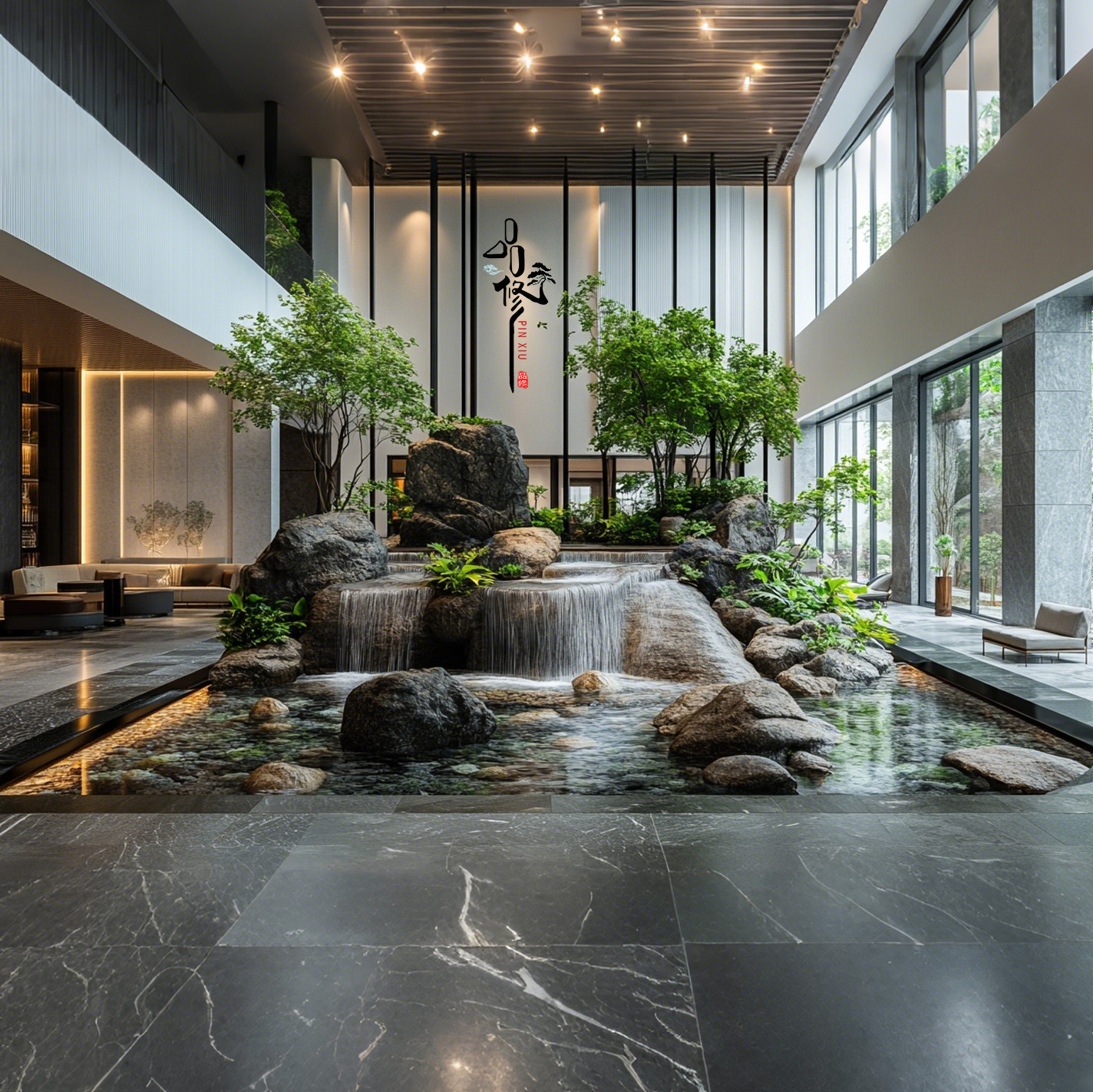 品修现代中式水景装置室内瀑布流水摆件景观道具装饰品永生绿植