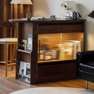 北美黑胡桃木吧台桌子家用休闲可伸缩小户型隔断窄岛台餐边柜一体