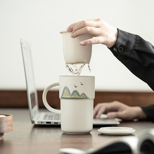 记今朝 带盖带过滤泡茶水杯家用办公 大容量 陶瓷茶水分离茶杯