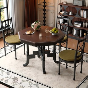 朝朝木木 实木八角伸缩餐桌法式覆古圆桌小户型可折叠餐桌椅组合
