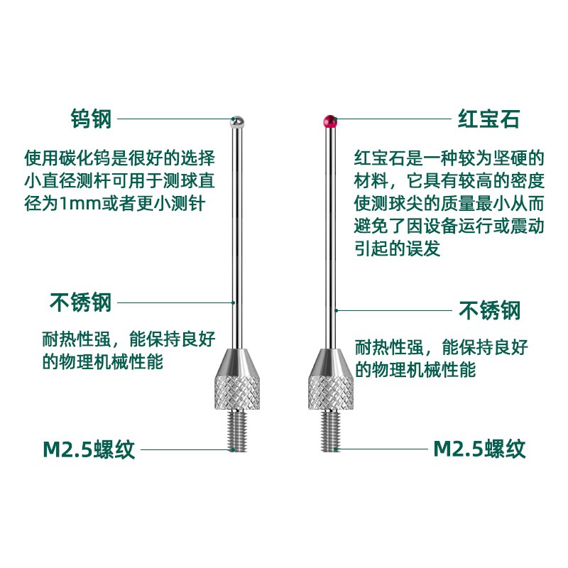高度表测针百分表加长杆测头钨钢千分表探针红宝石探头M2.5测量头