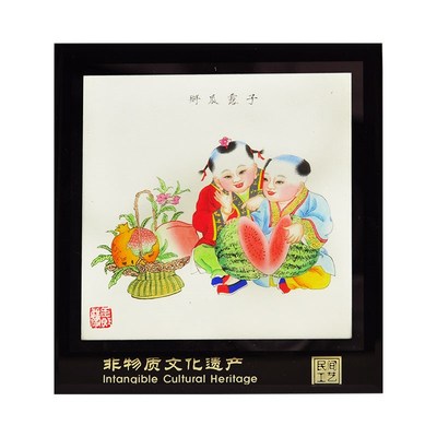 杨柳青年b画摆台玻璃摆件 送子求子多子多福 吉祥娃娃抱鱼商务礼