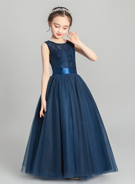 女童晚礼服公主裙儿童婚纱蓬蓬纱洋气小花童钢琴演出服高贵蓝色冬