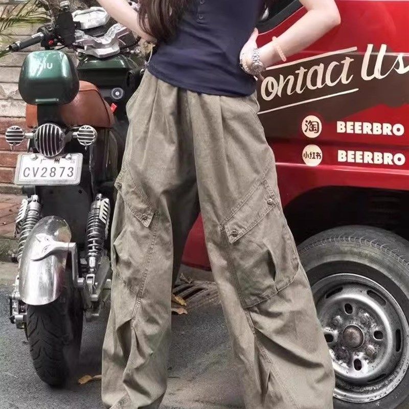 美式街舞嘻哈阔腿牛仔工装裤女夏季新款复古褶皱宽松显瘦直筒裤子,女装/女士精品,卫裤,淘宝优惠券,粉丝福利购,淘宝优惠卷