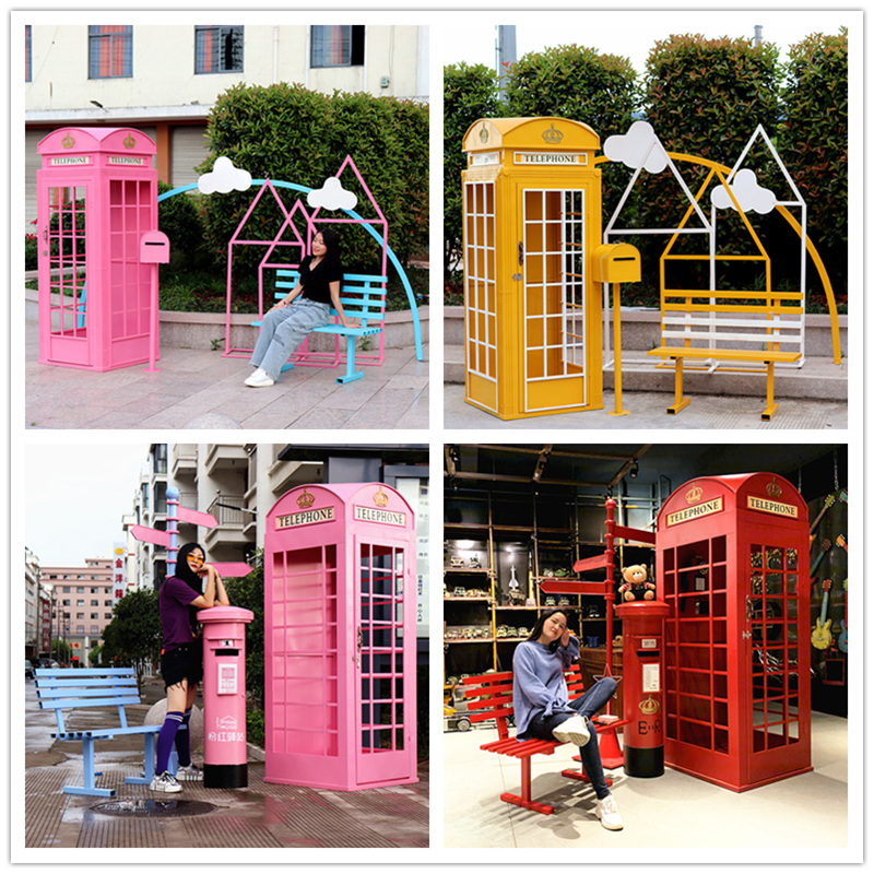 定制欧式复古红色电话亭铁艺摆件英伦工业风创意网红装饰道具模型