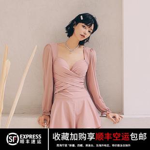 正貨泳衣女長袖 保守純色顯白微胖性感聚攏顯瘦遮肚度假溫 連體裙式