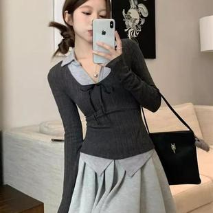 正貨假兩件翻領拼接長袖 女2025秋季 溫柔設計感修身 超好看上 針織衫