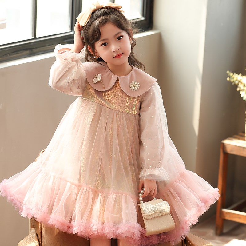 儿童秋季亮片网纱裙2024秋装BlingBling亮片纱裙女童法式突突裙