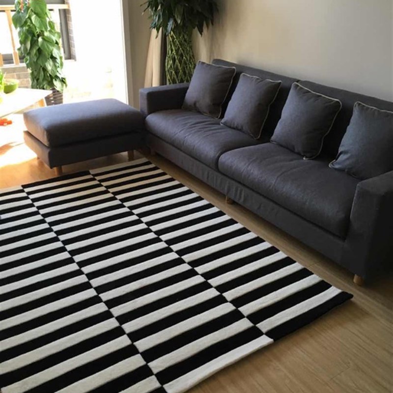黑白条纹轻奢样板房地毯客厅茶几沙发卧室床边书房手工腈纶地毯