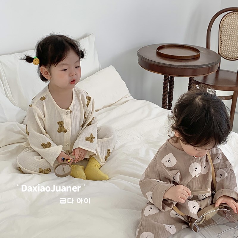 宝宝卡通棉纱家居服儿童春秋新款套装男女童洋气睡衣睡裤两件套潮