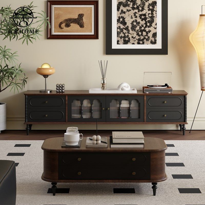 法式复古实木茶几电视柜组合中古风储物柜家用电视机柜客厅收纳柜,住宅家具,电视柜,淘宝优惠券,粉丝福利购,淘宝优惠卷