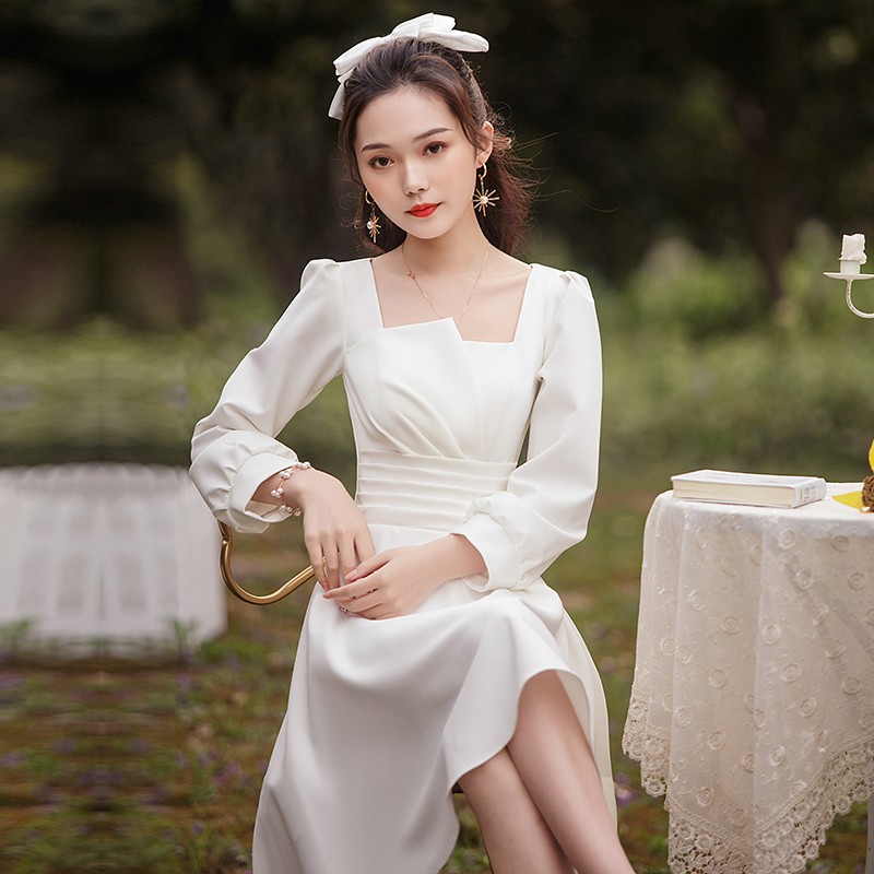 领证小白裙平时可穿登记法式秋冬个子缎面短款长袖订婚礼服连衣裙
