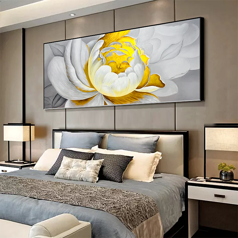 纯手绘金色牡丹油画横版客厅沙发背景墙装饰画卧室床头轻奢壁挂画图片