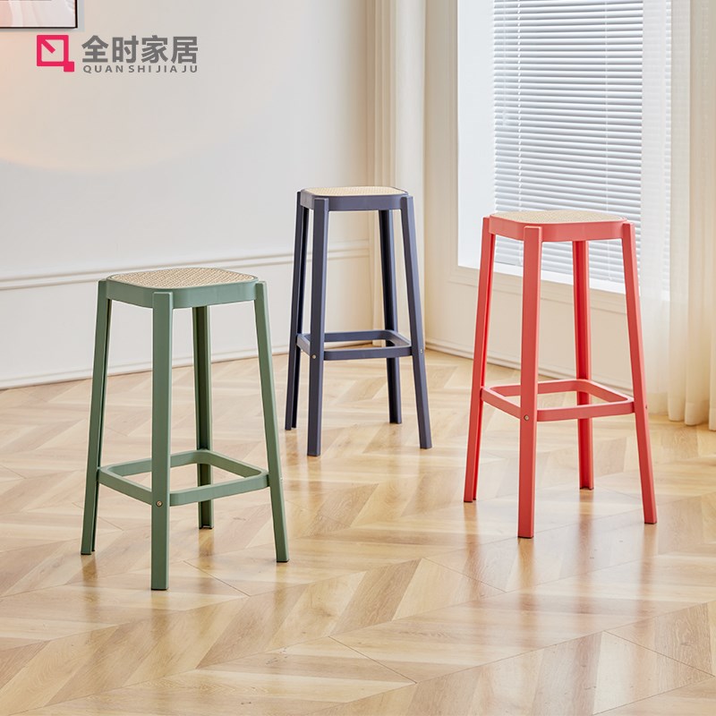 简约塑料吧凳家用户外仿藤编吧椅餐厅复古商用酒吧前台高脚椅吧台