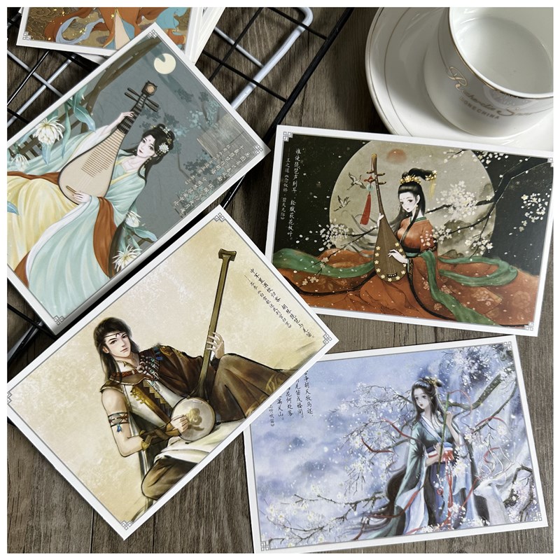 古风诗词明信片唯美复古卡片爱情人物插画美人公子中国风兵器乐器