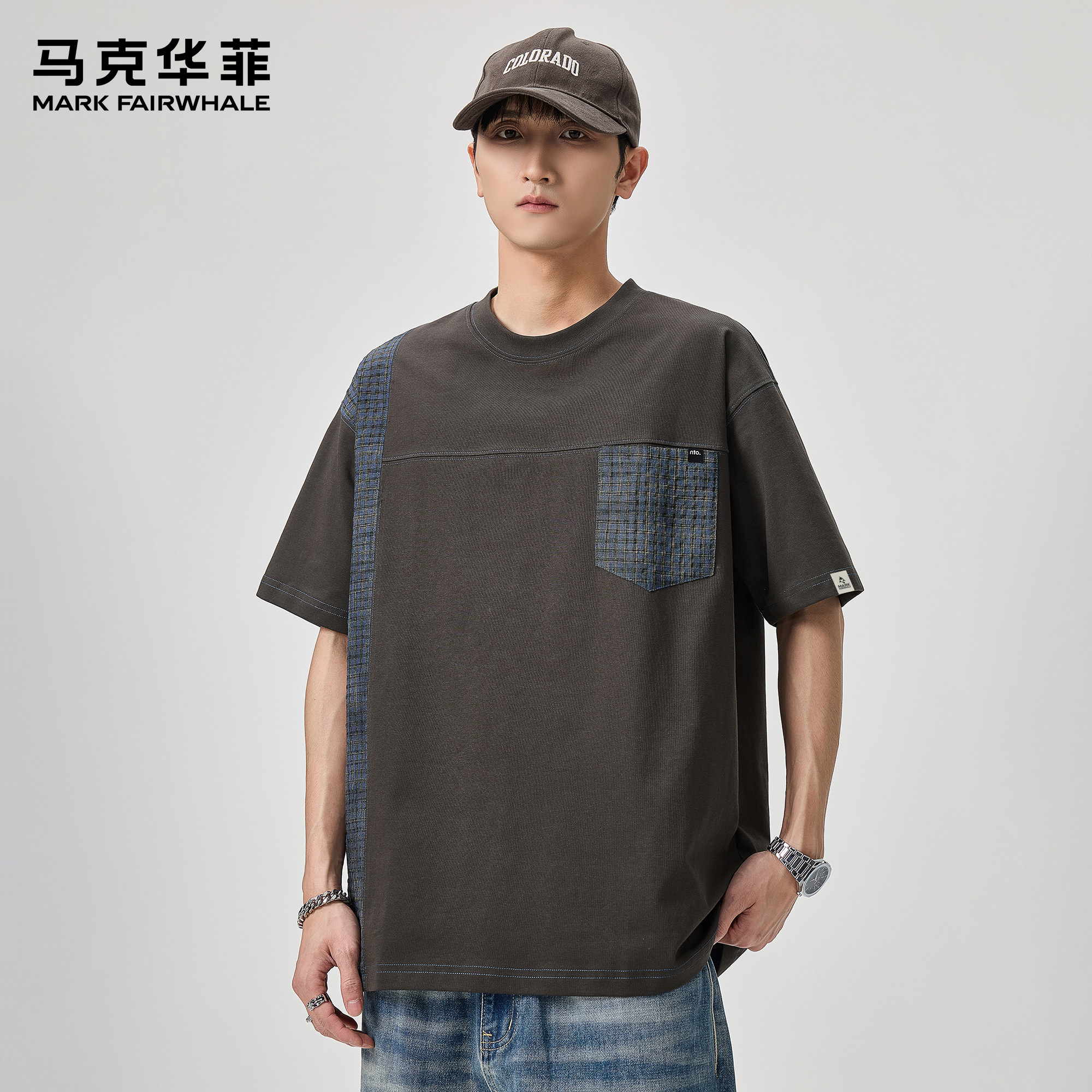 马克华菲短袖t恤男2026新款夏季潮牌日系复古拼色口袋圆领打底衫