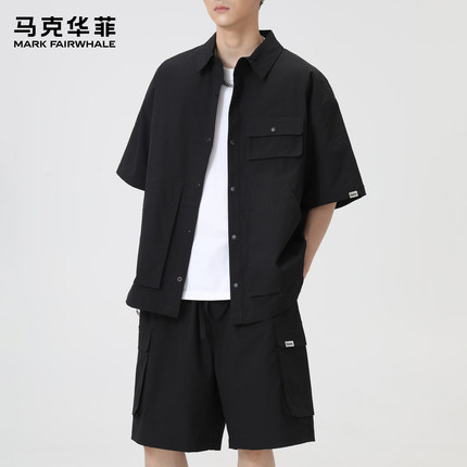 马克华菲休闲套装男夏季短袖翻领宽松衬衫潮流复古短裤工装两件套