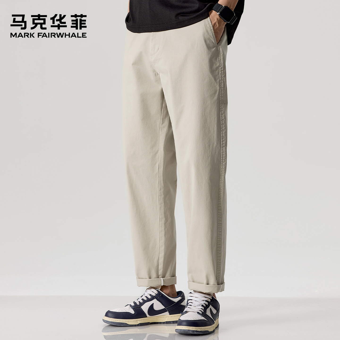 马克华菲休闲裤男士秋冬纯棉加绒加厚宽松直筒日系简约锥形长裤子
