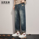 马克华菲牛仔裤 高街泼墨设计感复古加绒保暖锥形裤 男新款 潮牌美式