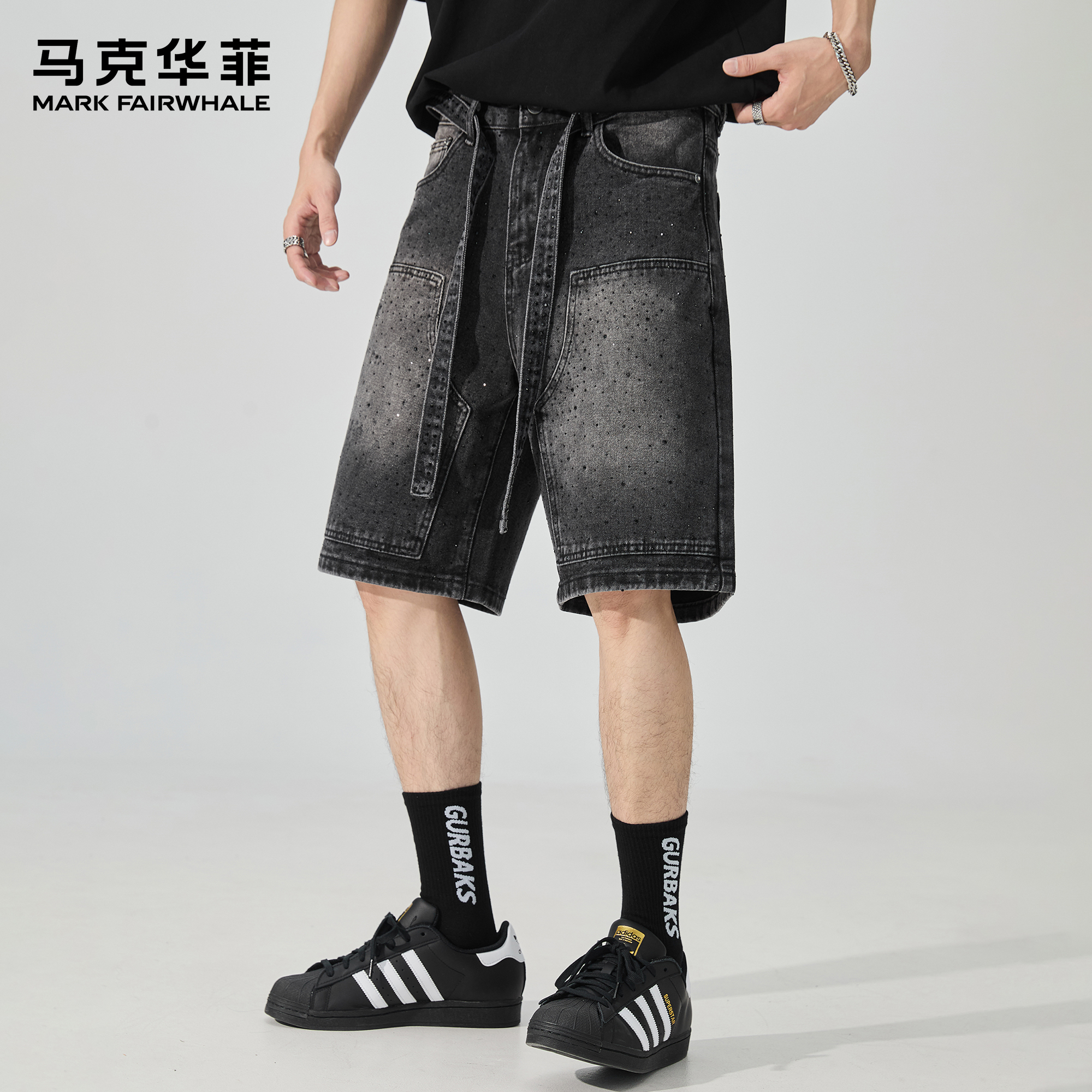 马克华菲夏季牛仔短裤男款重工美式高街满钻重磅宽松阔腿五分中裤