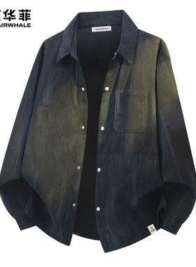 马克华菲黑色衬衫男士春季新款潮牌复古水洗扎染翻领长袖衬衣外套