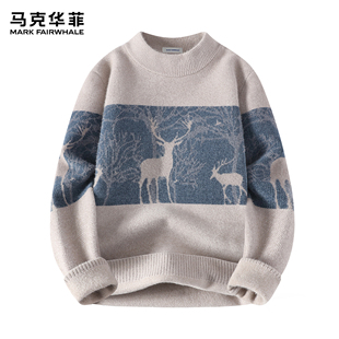 马克华菲毛衣男士新款潮牌美式复古撞色绣花重磅半高领宽松针织衫