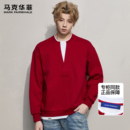 马克华菲卫衣男秋冬加绒潮牌圆领宽松重磅红色情侣复古宽松套头衫