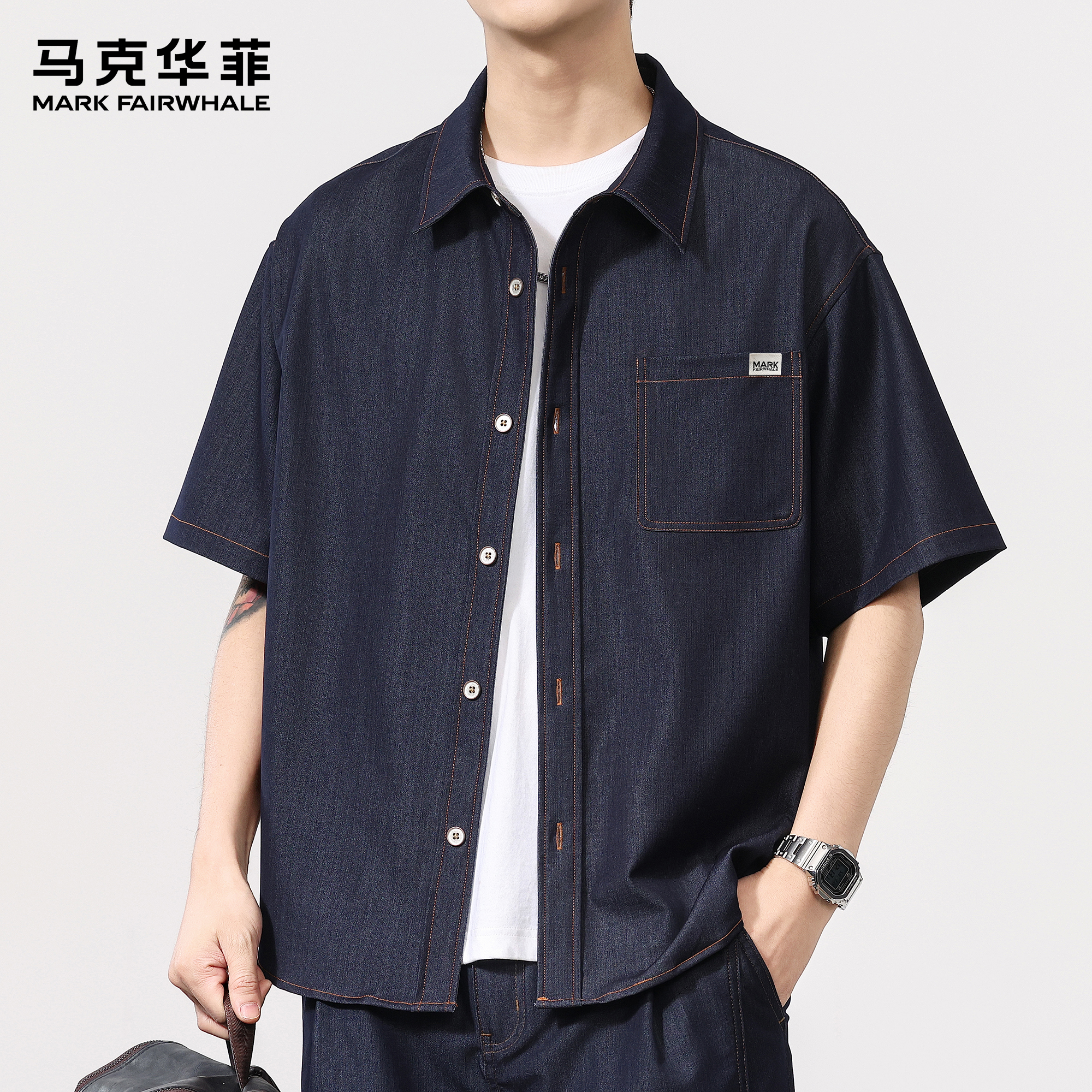 马克华菲新款夏季牛仔短袖衬衫男士潮牌复古轻薄透气宽松衬衣外套