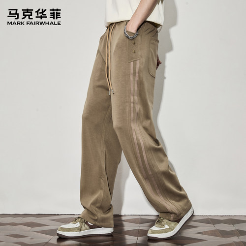 马克华菲休闲裤男士秋冬加绒加厚潮流条纹重磅美式复古vibe阔腿裤