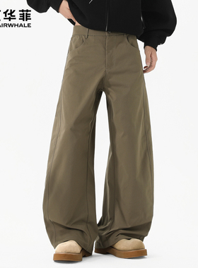 马克华菲弯刀裤男新款潮牌日系复古高街军绿色拼接痞帅宽松阔腿裤