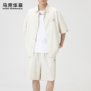 马克华菲运动休闲套装男潮流美式高街印花短袖衬衫短裤宽松两件套