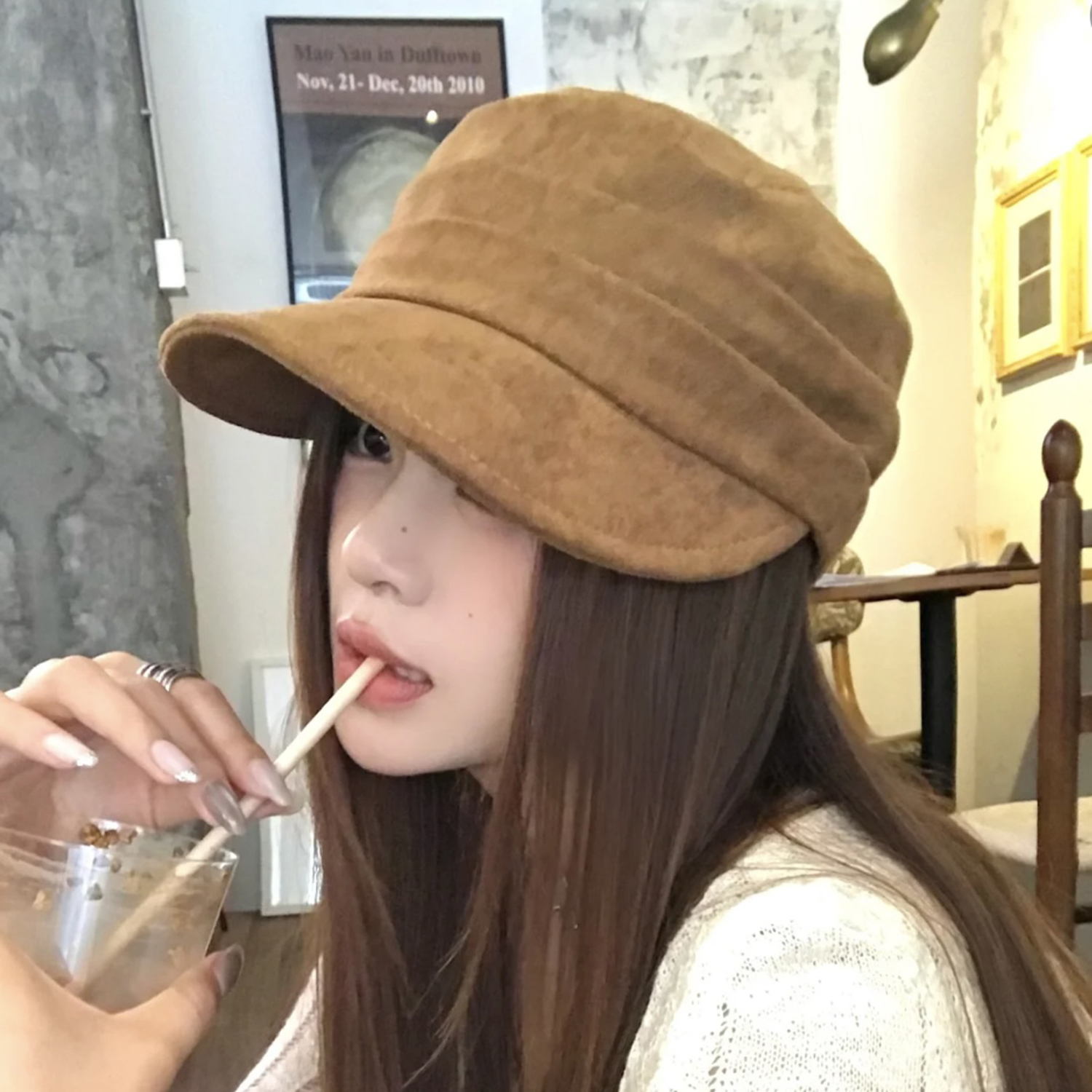 复古麂皮绒贝雷帽女秋冬复古麂皮大头围八角帽子显脸小鸭舌画家帽