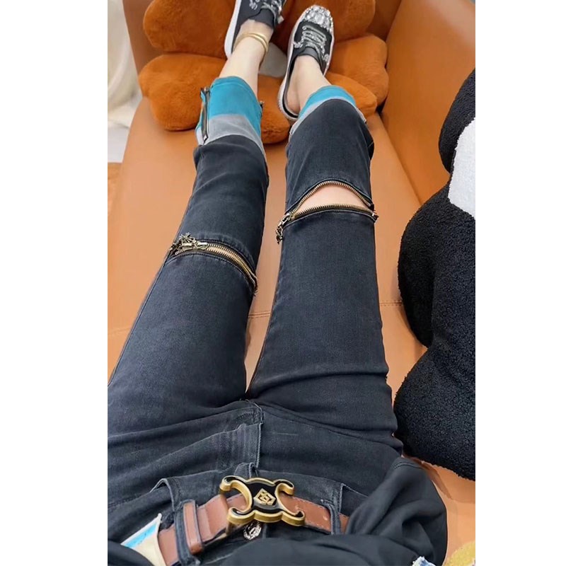 春季2024新款女装高腰直筒破洞牛仔裤女胖mm大码弹力显瘦烟管裤子