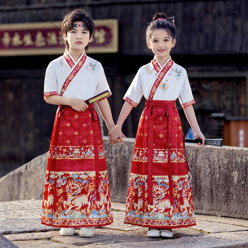 儿童马面裙短袖套装2024年新款汉服男童演出服女童国学表演服夏季