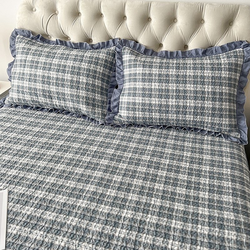 新款格子水洗棉绗缝床盖三件套小清新公主风花边夹棉防滑床单三件,床上用品,床盖,淘宝优惠券,粉丝福利购,淘宝优惠卷