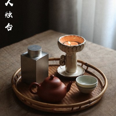 粗陶烛台手捏 古朴陶器黑陶蜡烛台 灯台中式复古 陶土茶席摆件