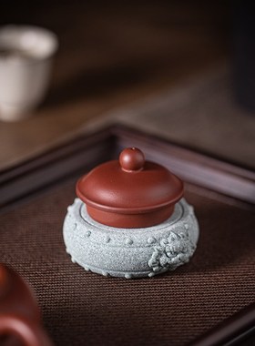 中式麒麟兽首石鼓盖置茶宠摆件垫底杯垫底座配件客厅桌面造景装饰