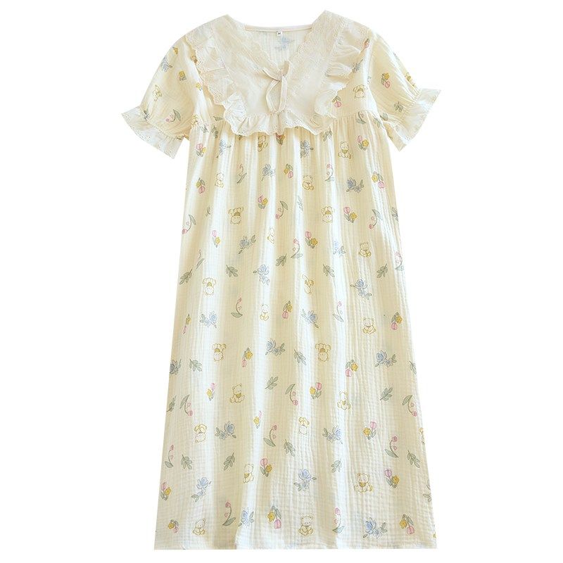公主风花边睡衣女纯棉纱布夏季短袖甜美睡裙女家居服薄款蕾丝长裙