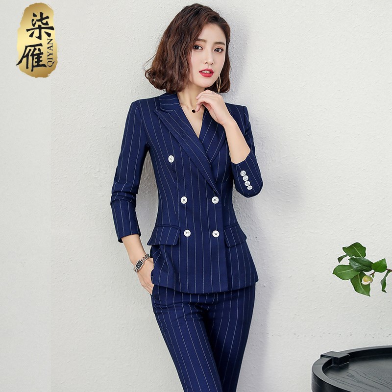 职业装时尚条纹西装正装商务西服女春季总裁套装气质英伦风工作服
